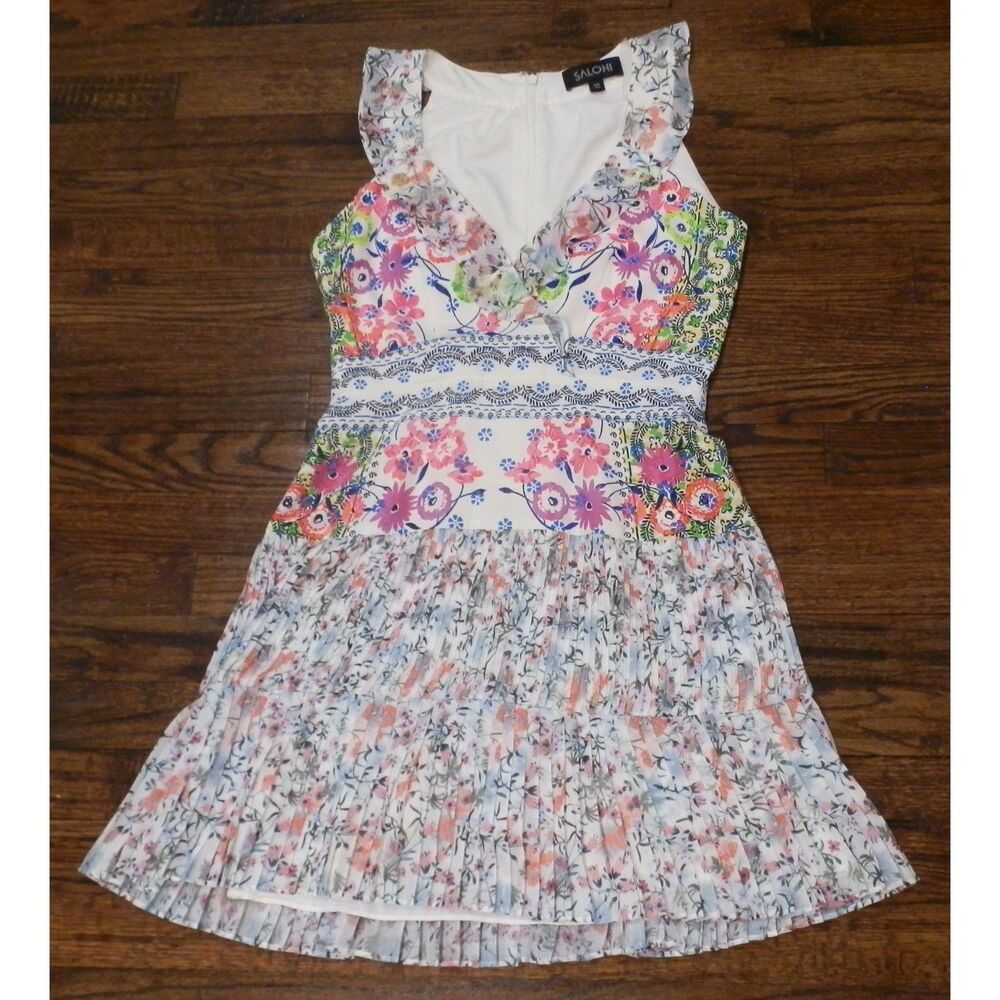 Saloni Amy Floral Silk Mini Dress Pleated Sleeveless Ruffle Dress Womens 4